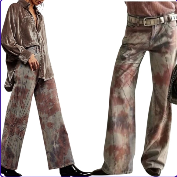 We The Free Mid-Rise Loose Straight Jeans Washed tie-dye Embellished NWT sz 27 - Picture 1 of 16